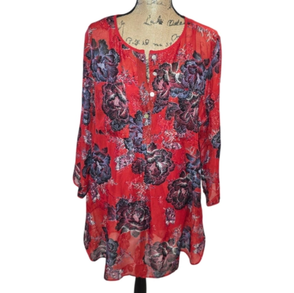 Roz & Ali Red Floral Sheer Tunic Top Blouse Button Front 3/4 Sleeve Womens XL